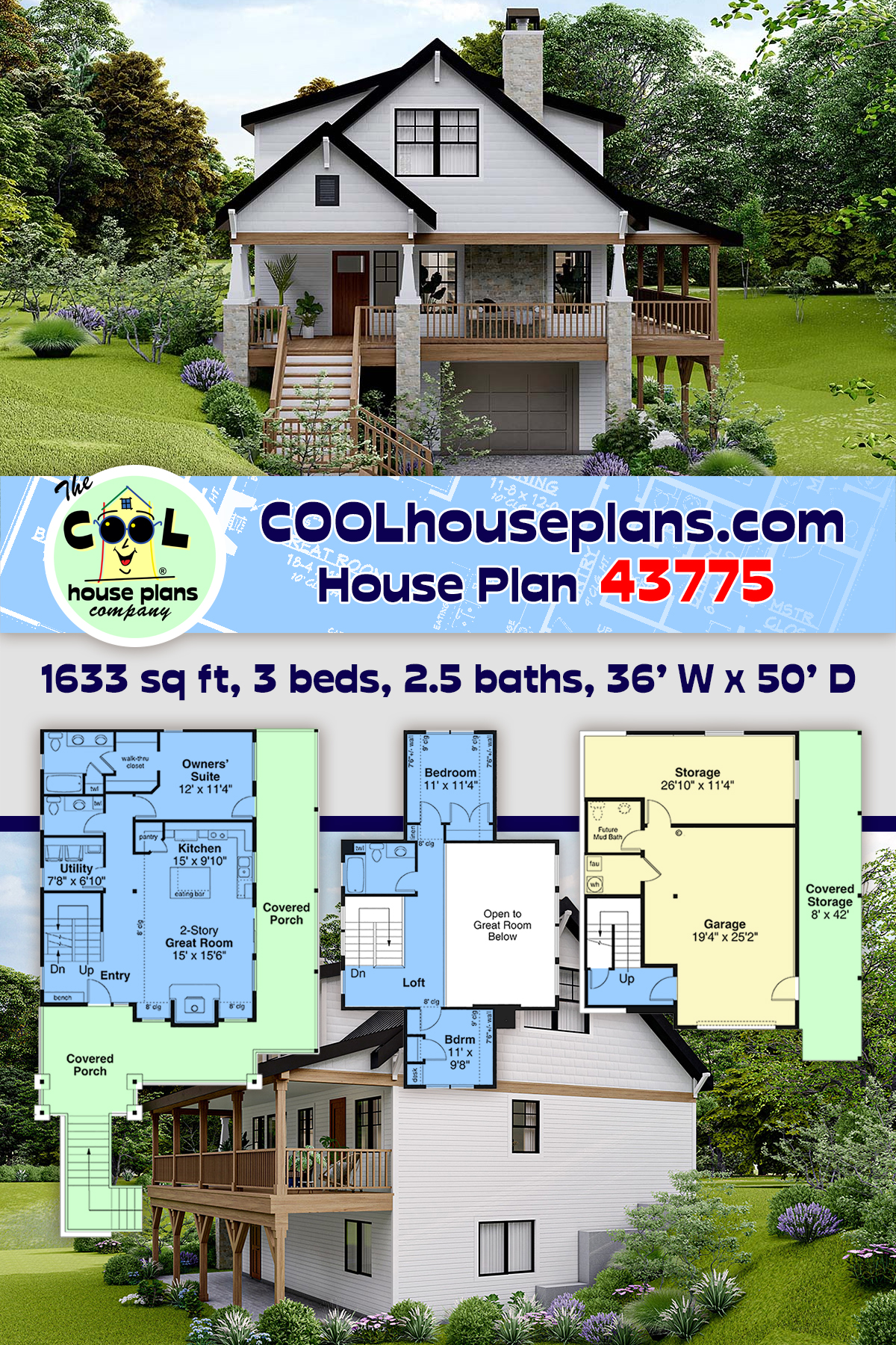 Cabin, Cottage, Craftsman House Plan 43775 with 3 Beds, 3 Baths, 1 Car Garage