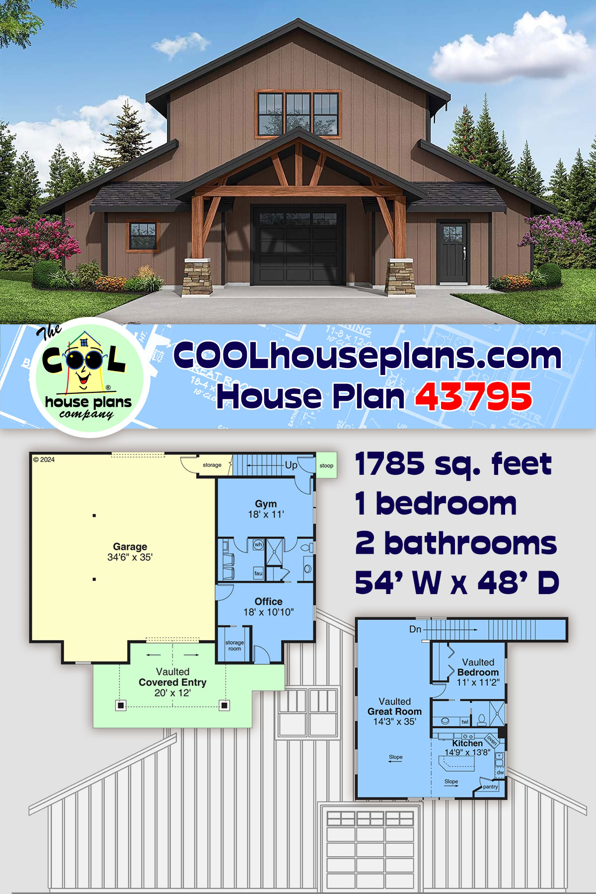 Barndominium, Country, Craftsman, Farmhouse Garage-Living Plan 43795 with 1 Beds, 2 Baths, 4 Car Garage