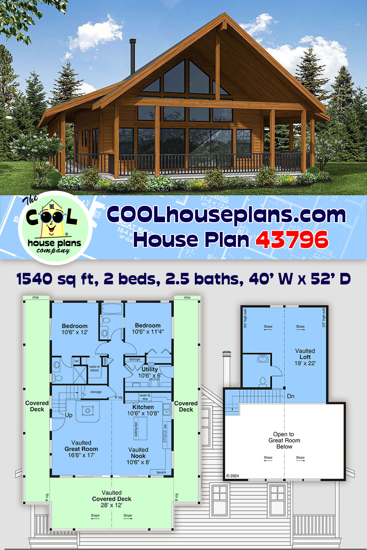 A-Frame, Cabin, Cottage House Plan 43796 with 2 Beds, 3 Baths