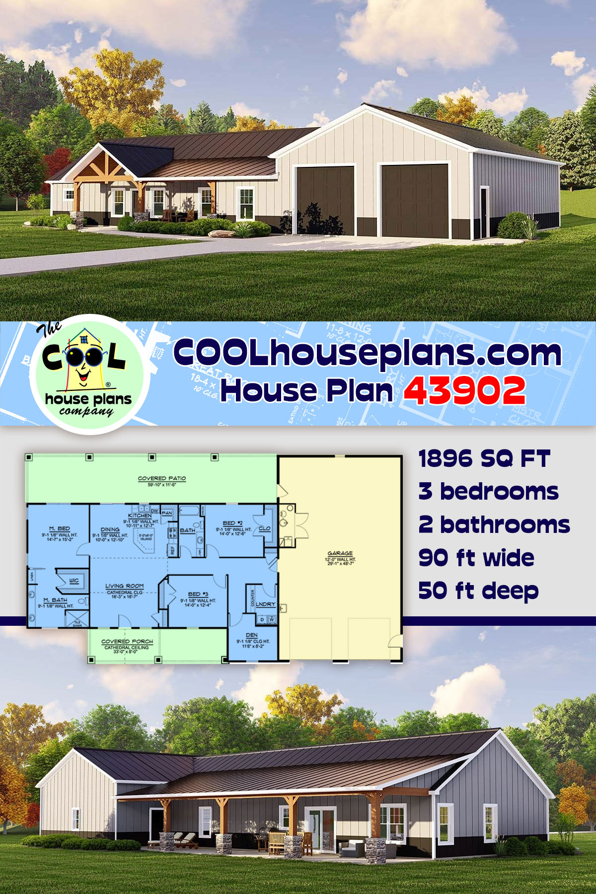 Barndominium, Country House Plan 43902 with 3 Beds, 2 Baths, 2 Car Garage