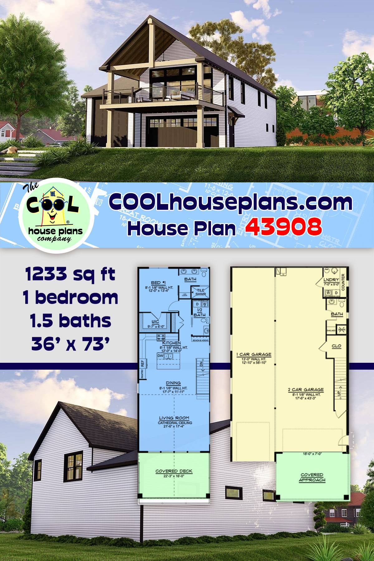 Country, Traditional Garage-Living Plan 43908 with 1 Beds, 2 Baths, 3 Car Garage