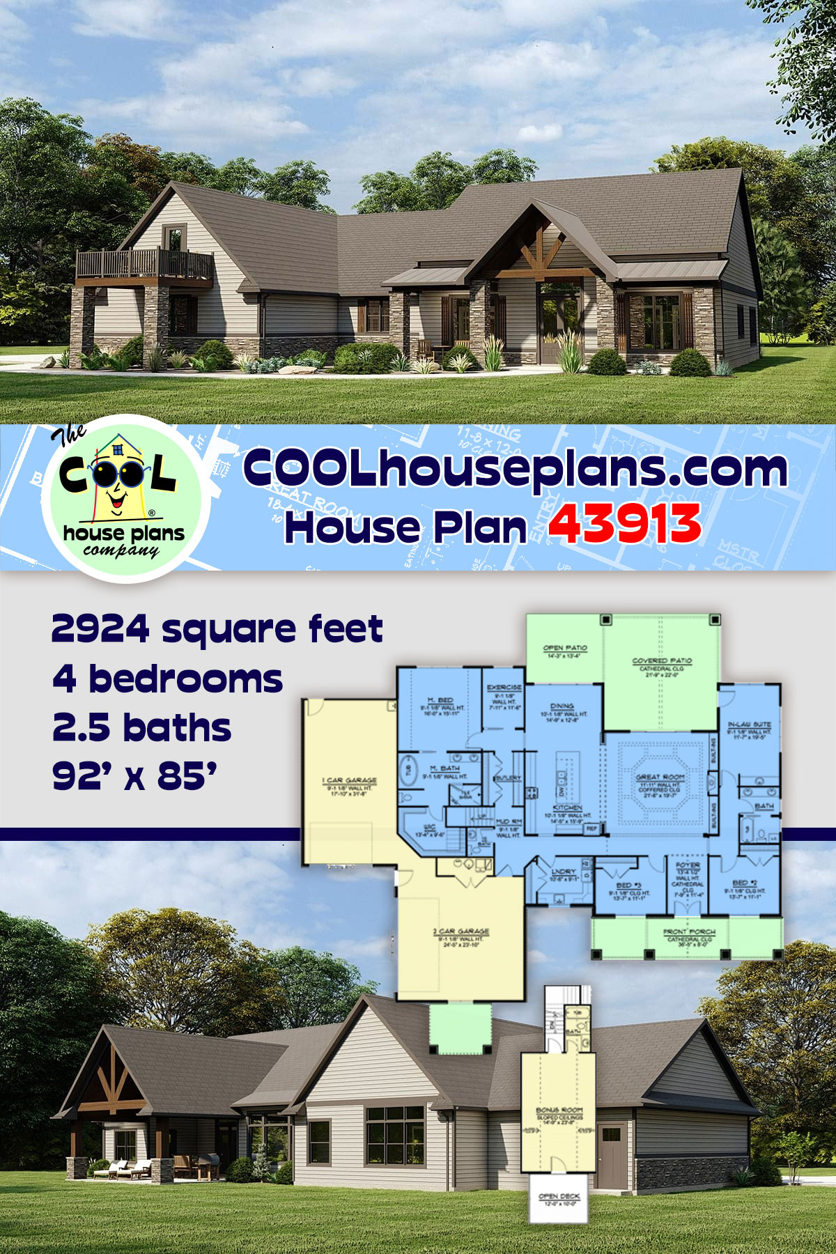 Country, Craftsman, Ranch House Plan 43913 with 4 Beds, 3 Baths, 3 Car Garage