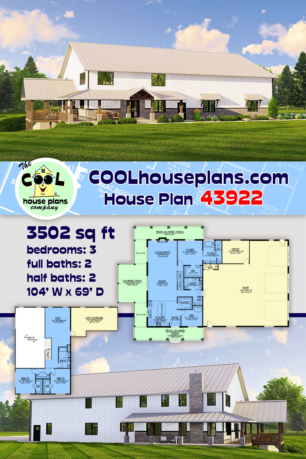 Barndominium House Plan 43922 with 3 Beds, 4 Baths, 3 Car Garage