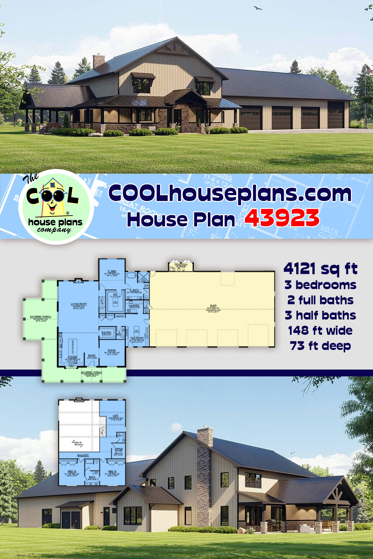 Barndominium House Plan 43923 with 3 Beds, 5 Baths, 4 Car Garage