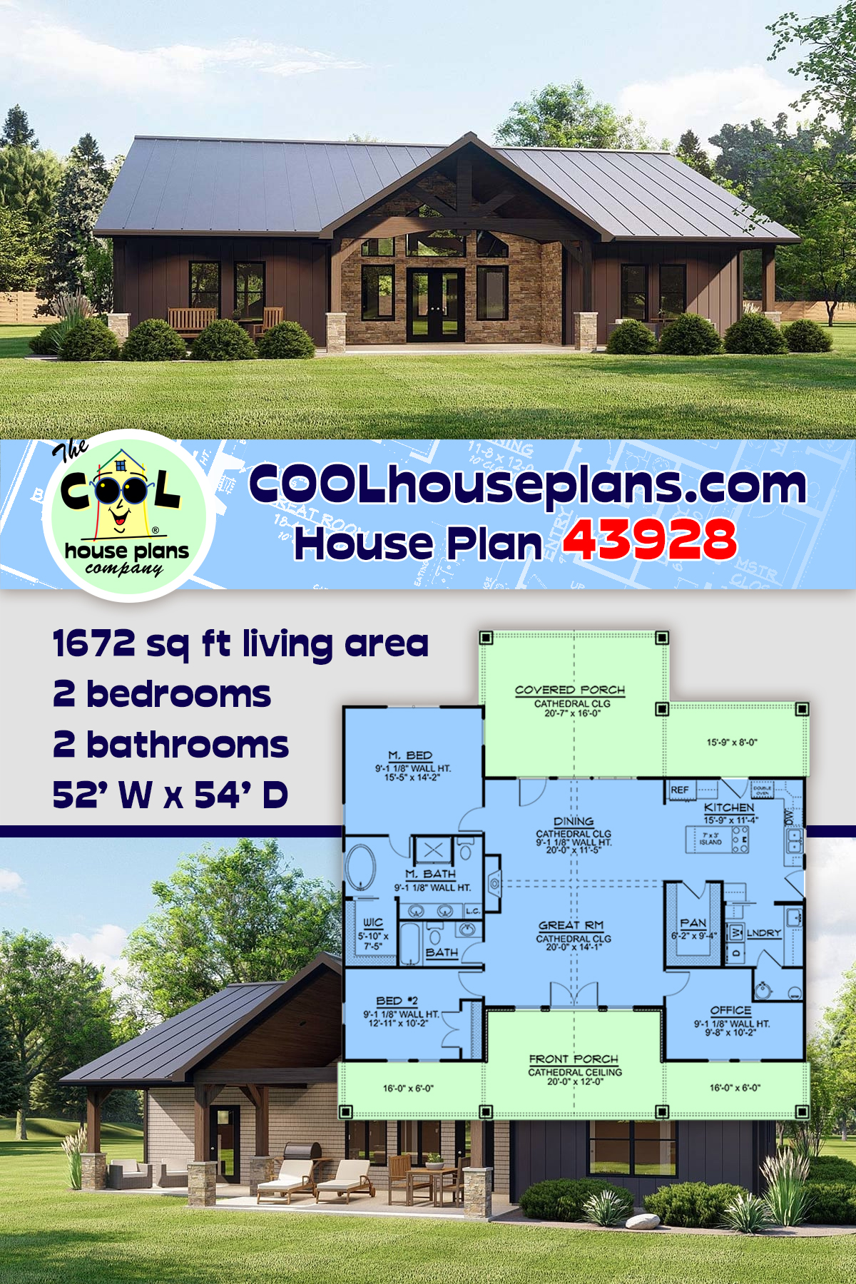 Country, Ranch House Plan 43928 with 2 Beds, 2 Baths