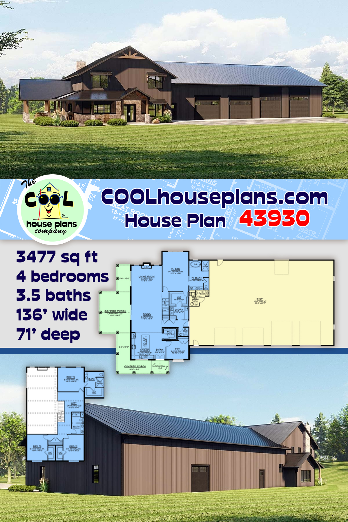 Barndominium House Plan 43930 with 4 Beds, 5 Baths, 4 Car Garage