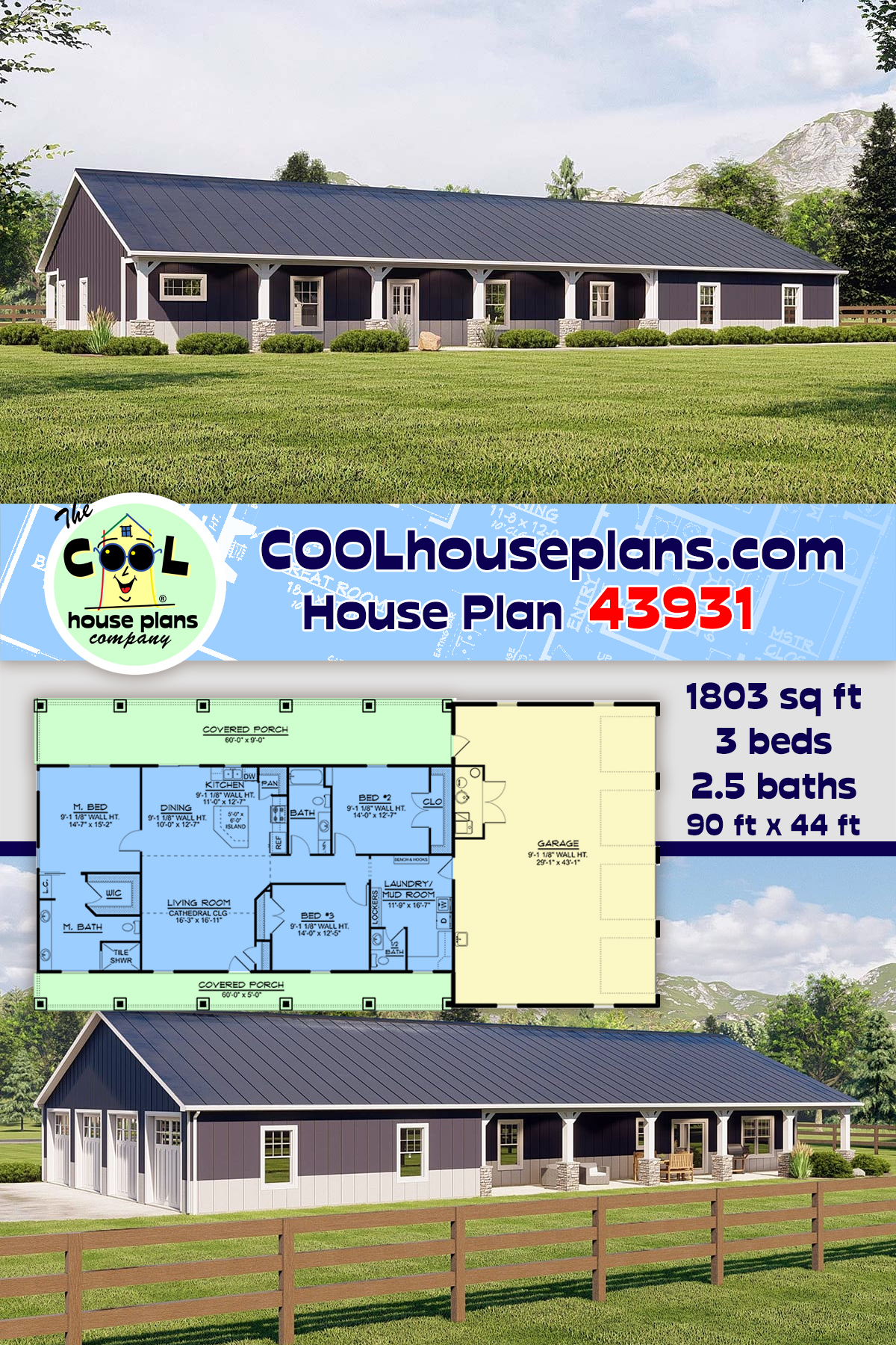 Country, Ranch House Plan 43931 with 3 Beds, 3 Baths, 4 Car Garage