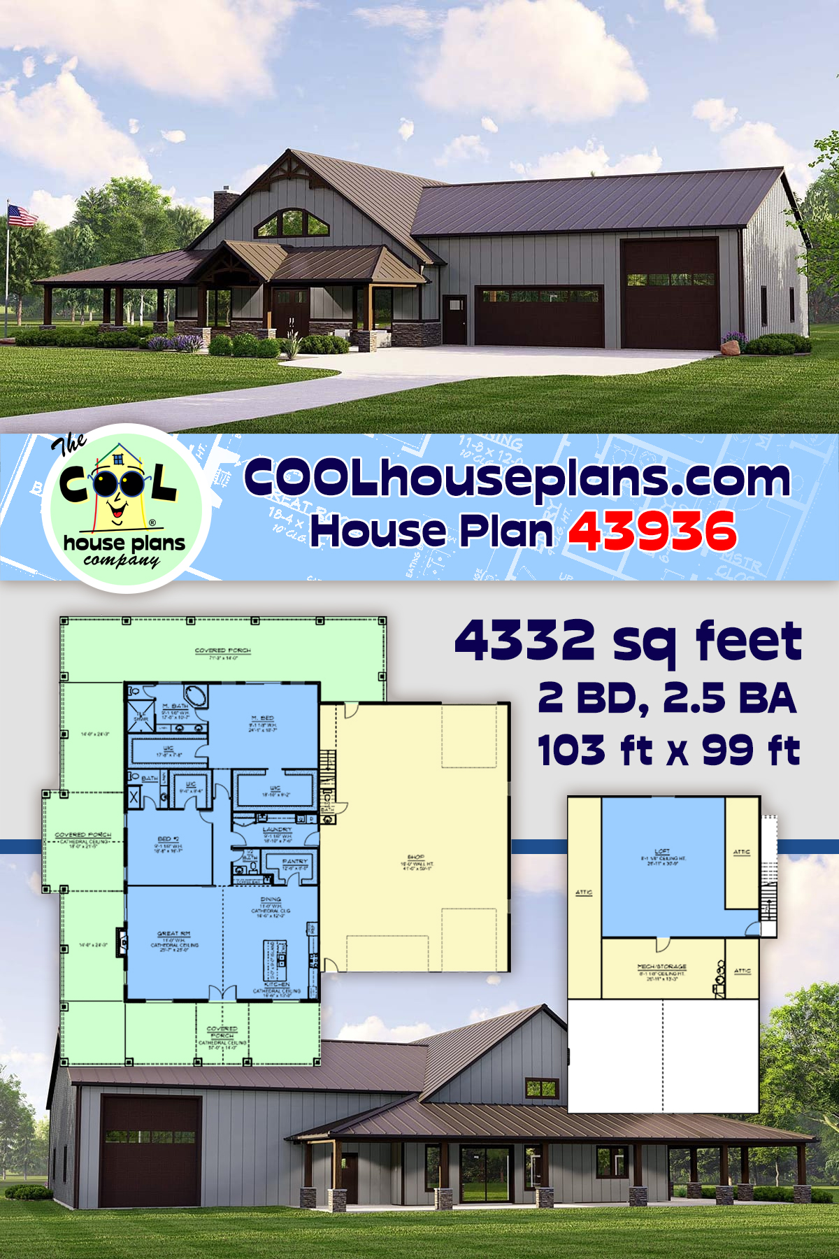 Barndominium, Country House Plan 43936 with 2 Beds, 3 Baths, 3 Car Garage