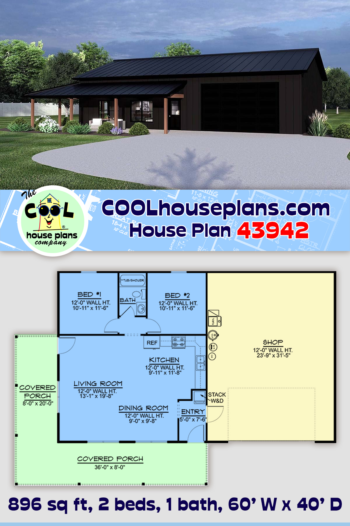 Barndominium, Country, Ranch House Plan 43942 with 2 Beds, 1 Baths, 2 Car Garage