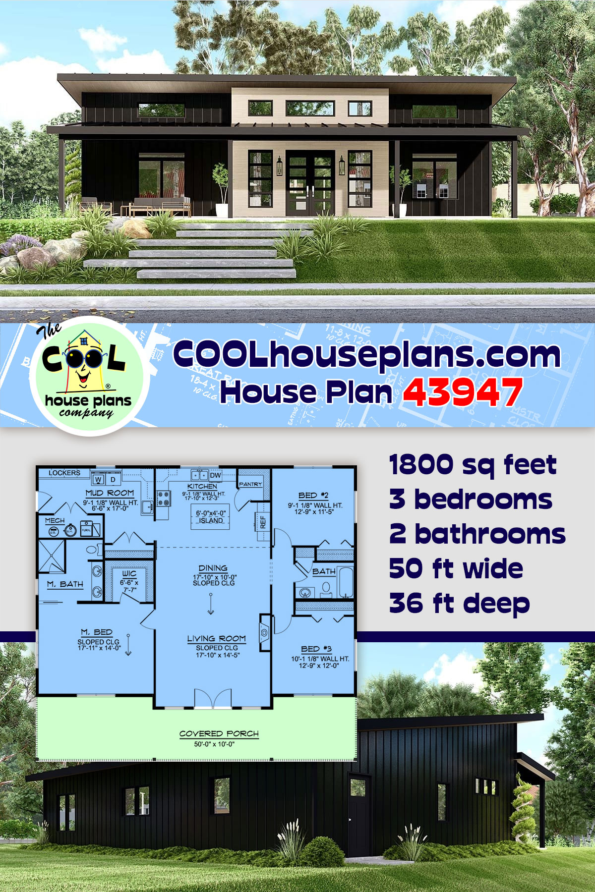 Contemporary, Modern, Ranch House Plan 43947 with 3 Beds, 2 Baths