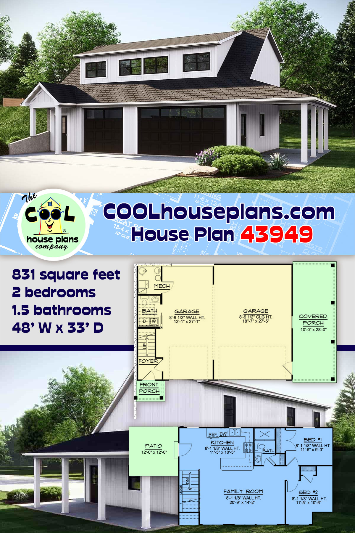 Country, Farmhouse Garage-Living Plan 43949 with 2 Beds, 2 Baths, 3 Car Garage