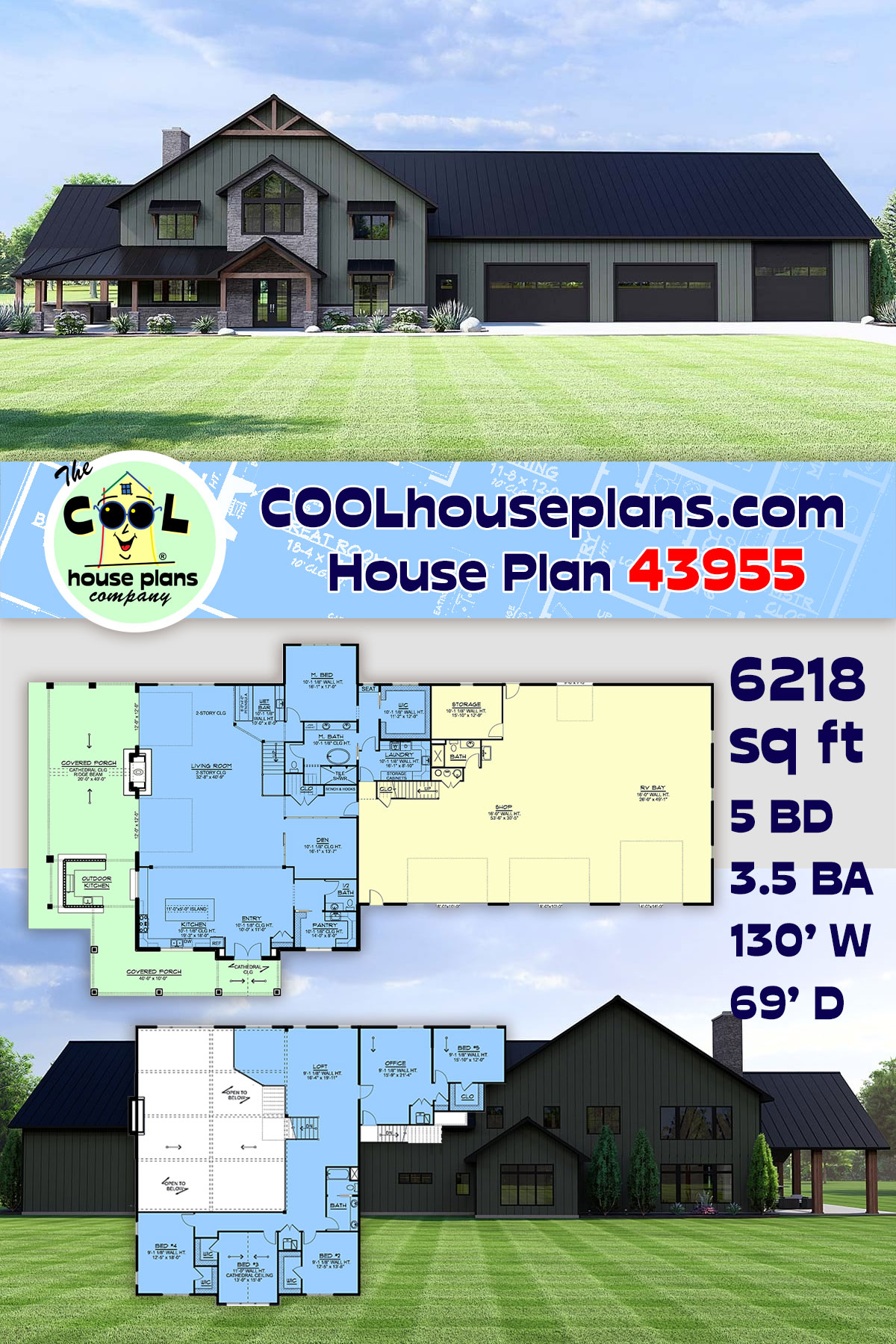 Barndominium, Country House Plan 43955 with 5 Beds, 4 Baths, 5 Car Garage