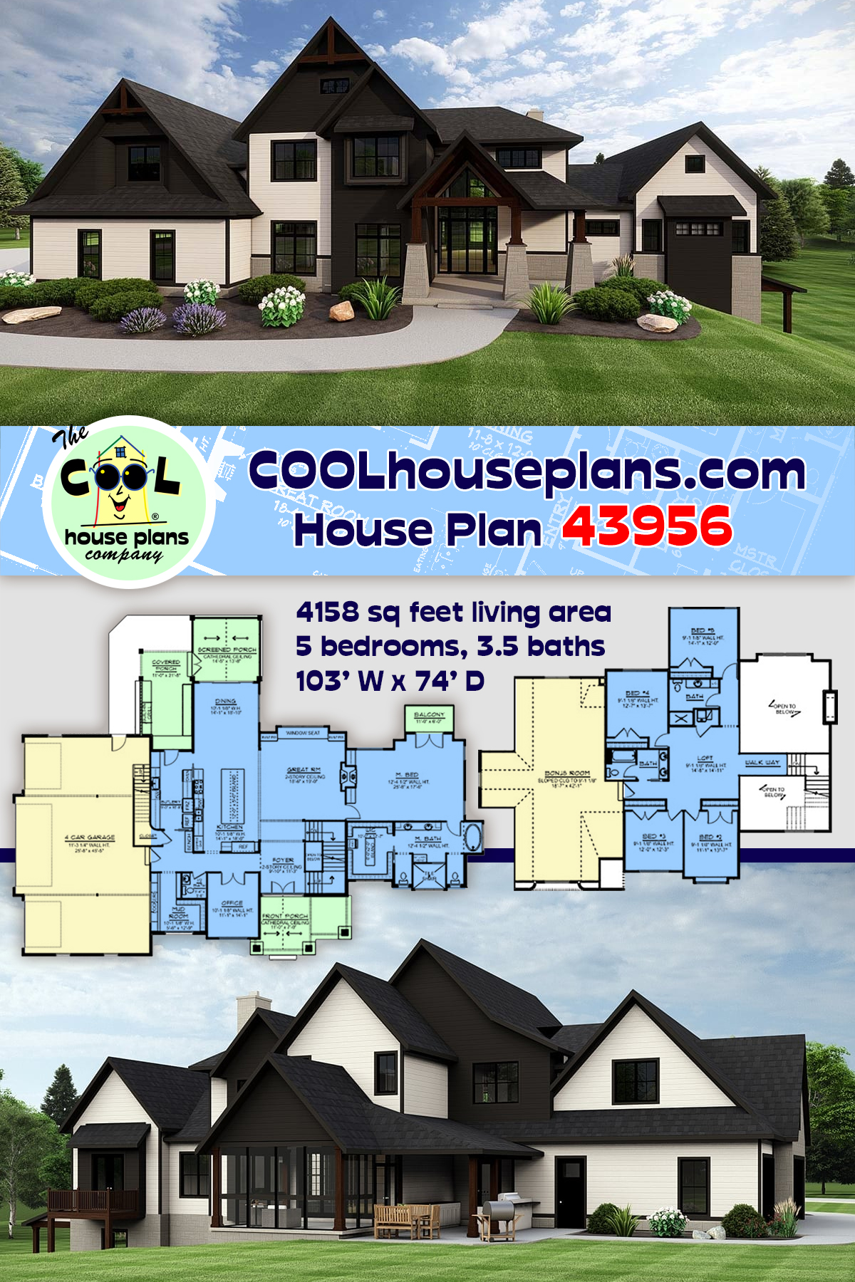 Country, Craftsman, European House Plan 43956 with 5 Beds, 4 Baths, 4 Car Garage