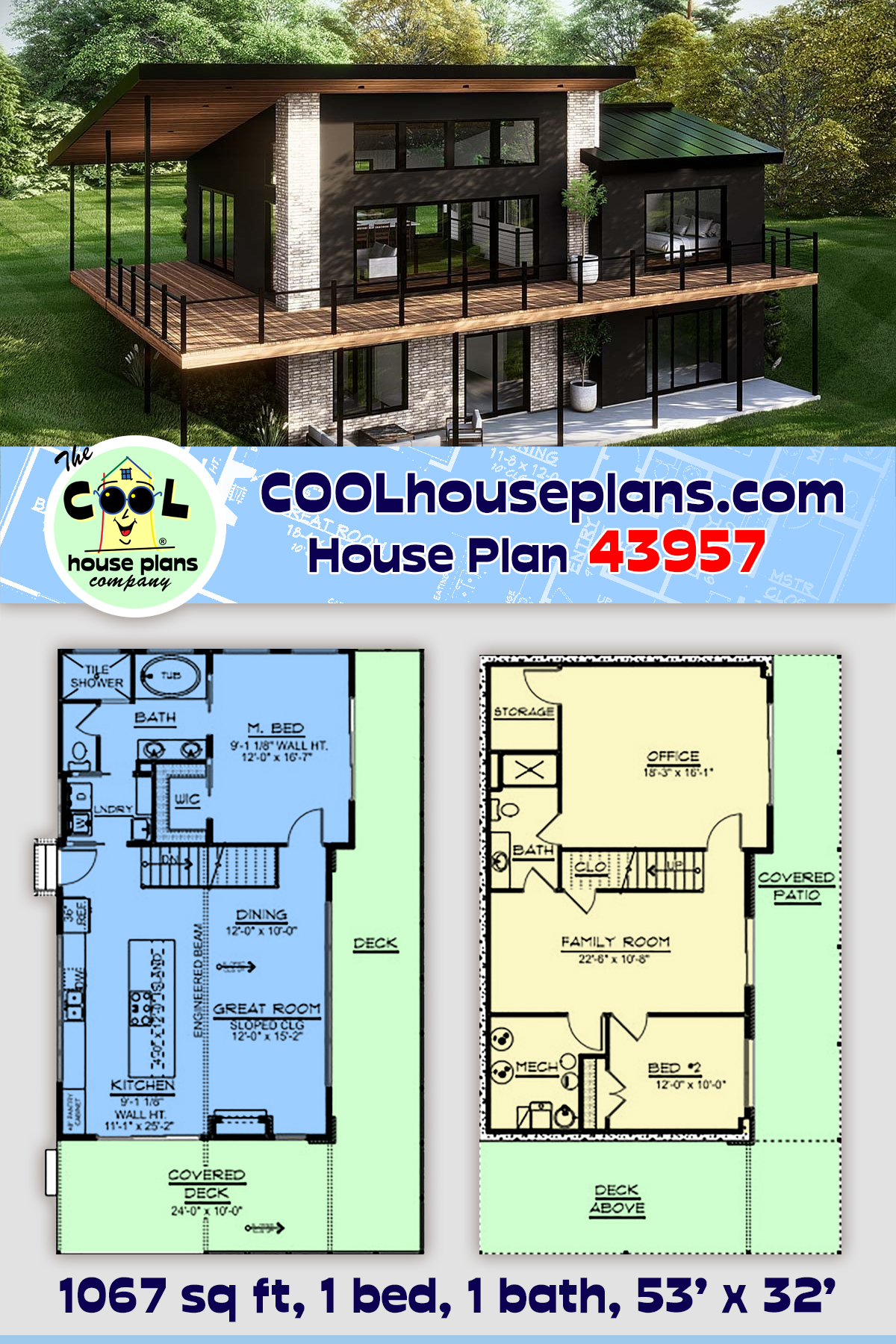 Contemporary, Modern House Plan 43957 with 1 Beds, 1 Baths