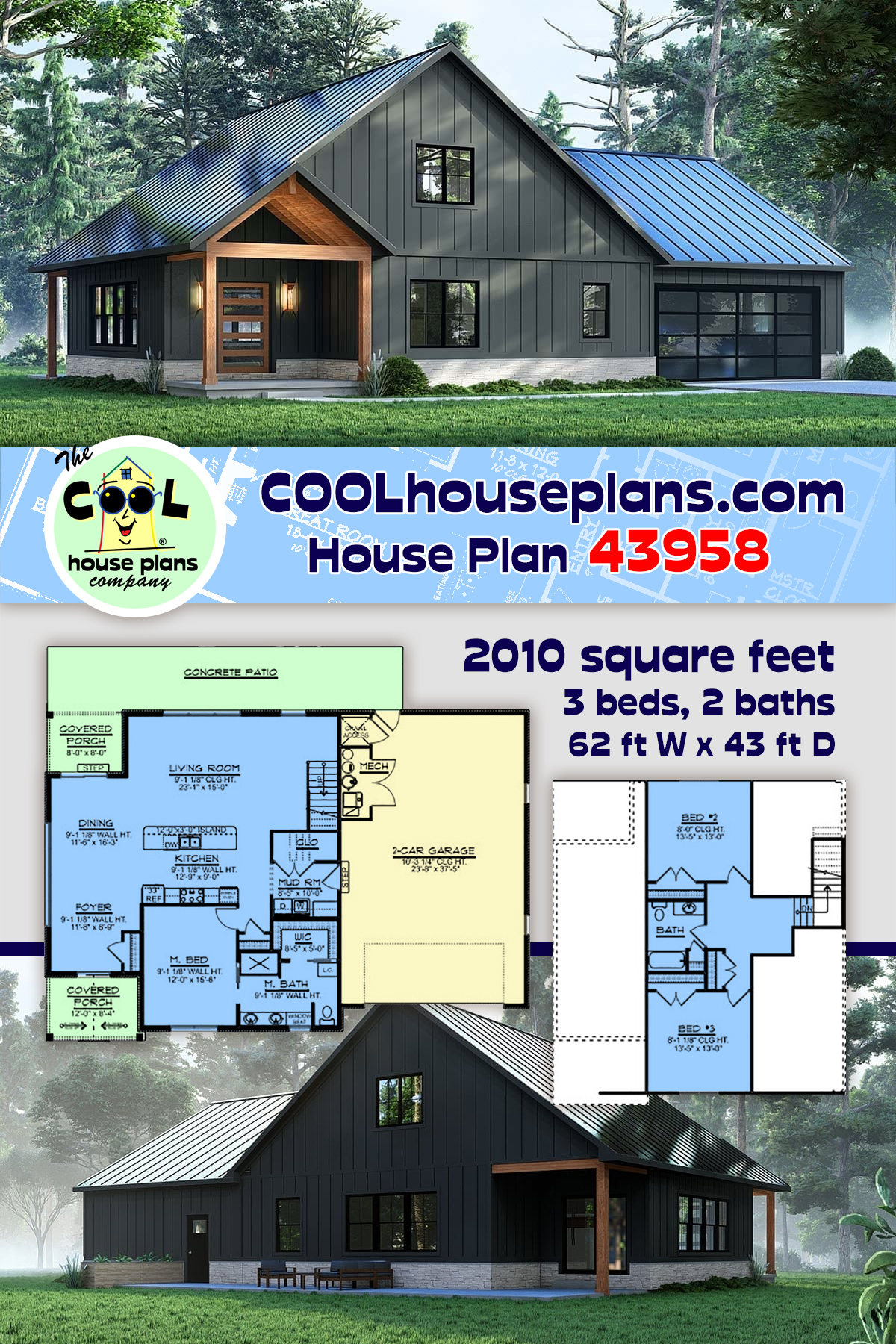 Country House Plan 43958 with 3 Beds, 2 Baths, 2 Car Garage