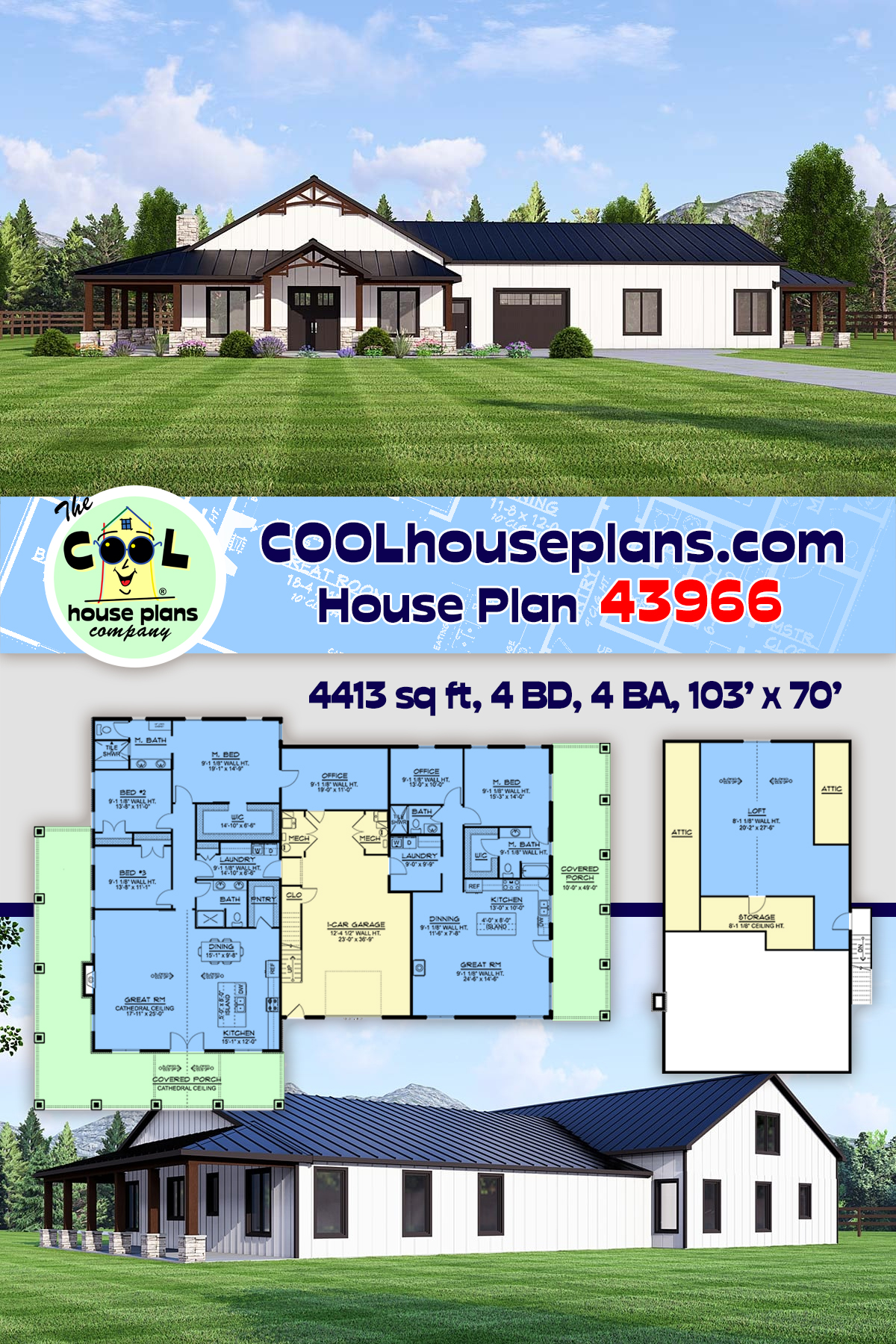 Barndominium, Modern House Plan 43966 with 4 Beds, 4 Baths, 1 Car Garage