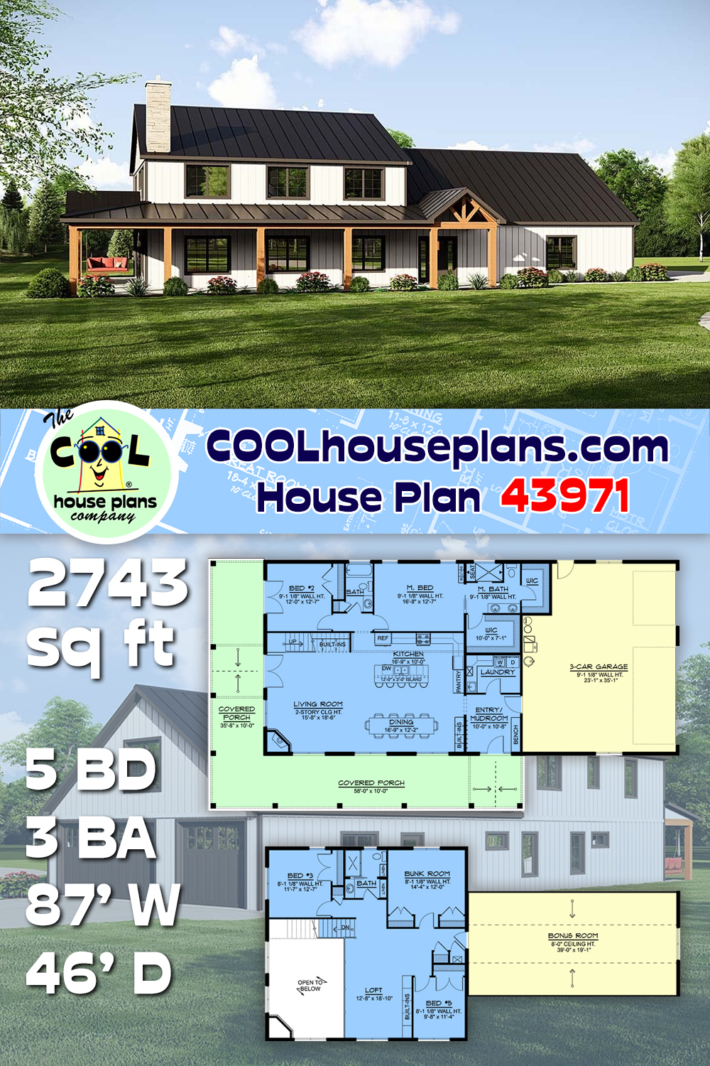 Country, Farmhouse House Plan 43971 with 5 Beds, 3 Baths, 3 Car Garage