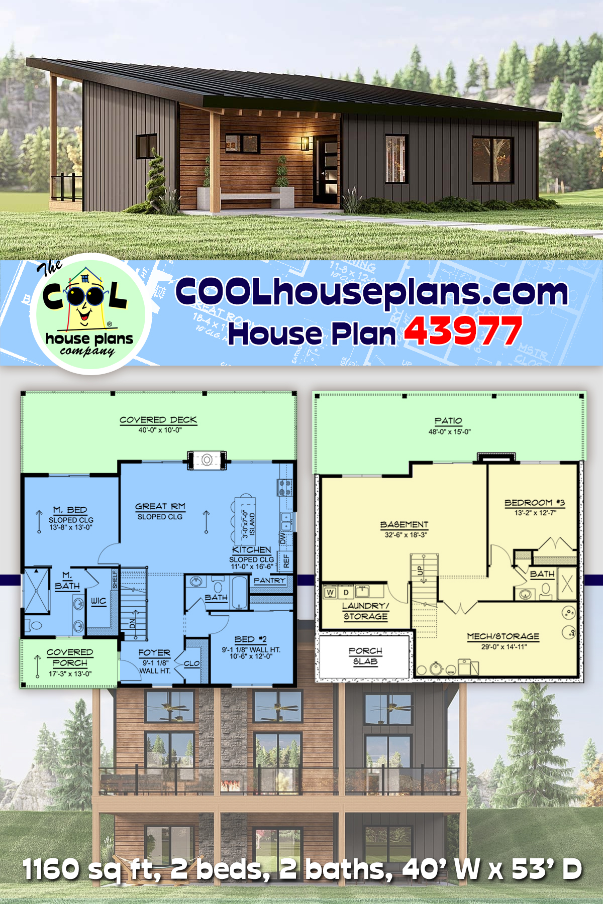 Coastal, Contemporary House Plan 43977 with 2 Beds, 2 Baths