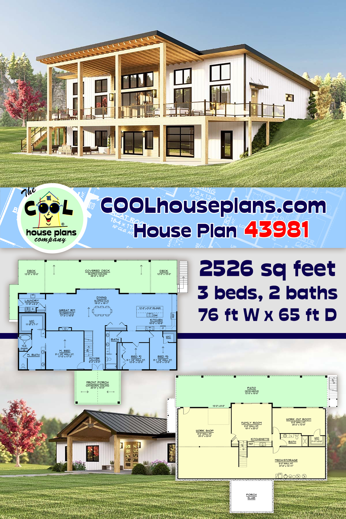 Contemporary, Modern House Plan 43981 with 3 Beds, 2 Baths