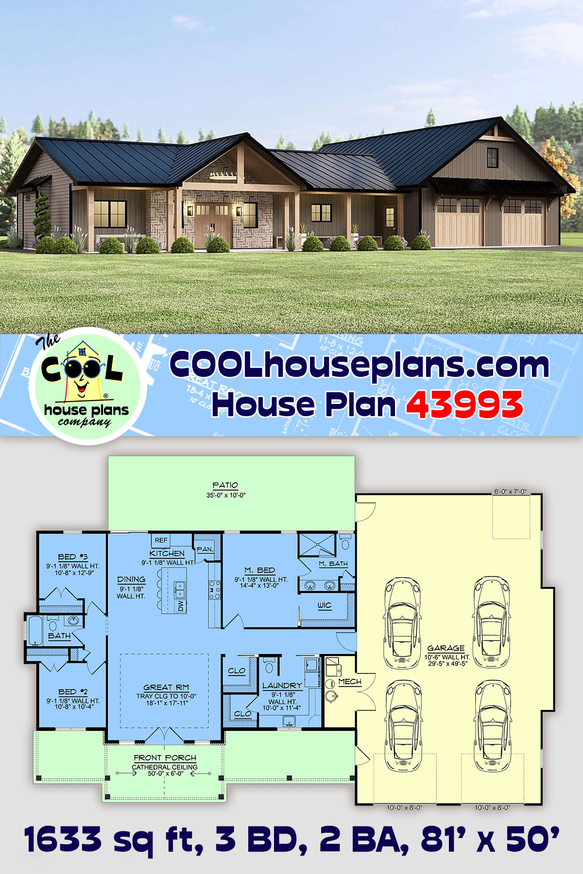 Barndominium, Country, Ranch House Plan 43993 with 3 Beds, 2 Baths, 4 Car Garage