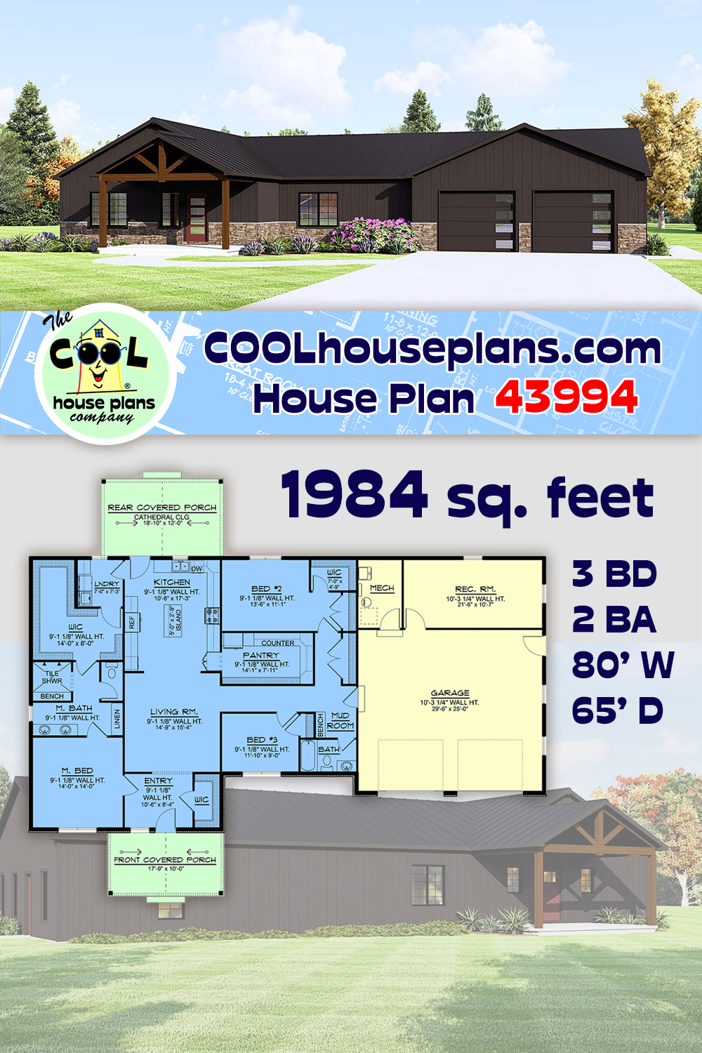 Barndominium, Country House Plan 43994 with 3 Beds, 2 Baths, 2 Car Garage