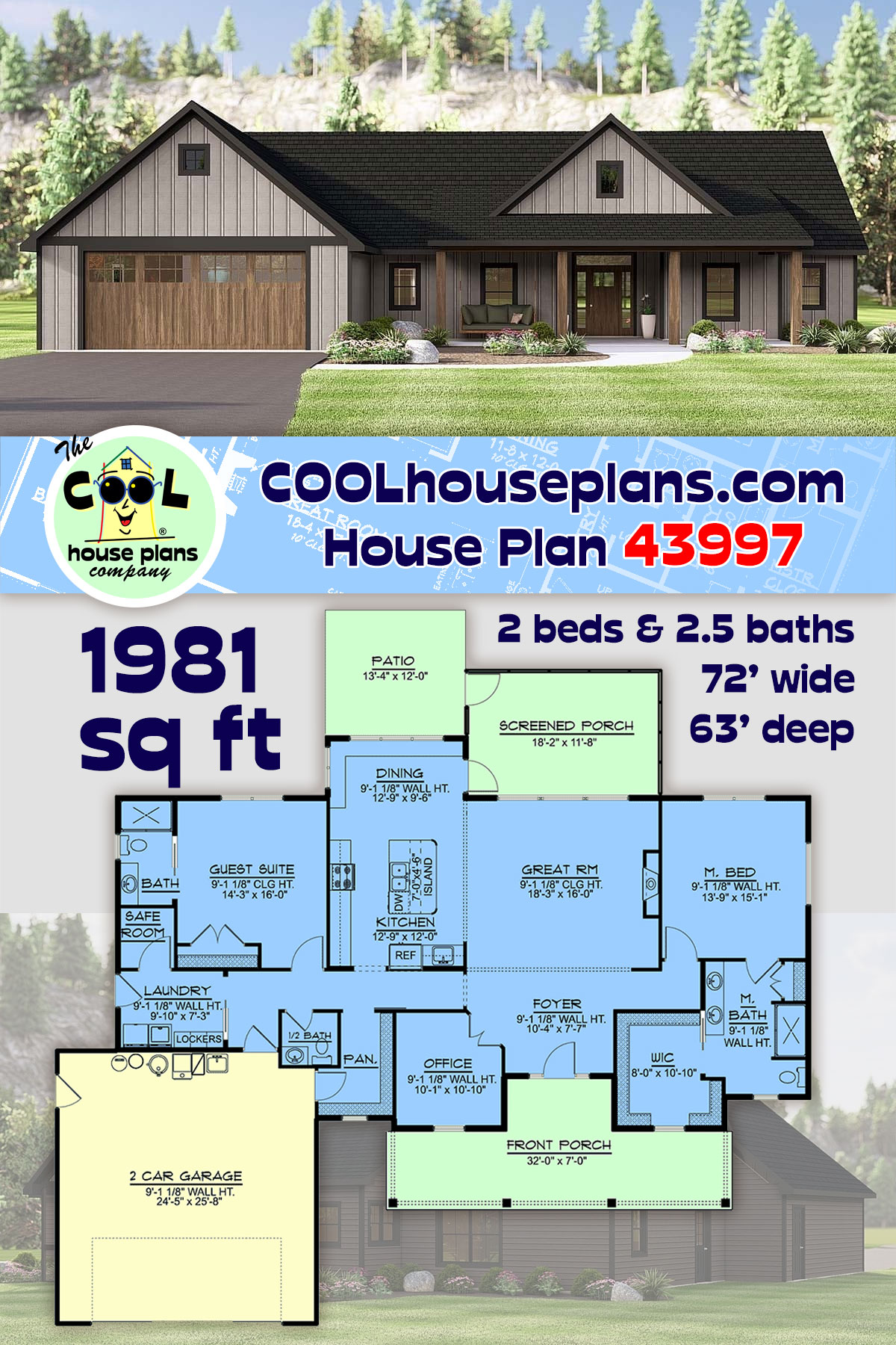 Country, Ranch House Plan 43997 with 2 Beds, 3 Baths, 2 Car Garage