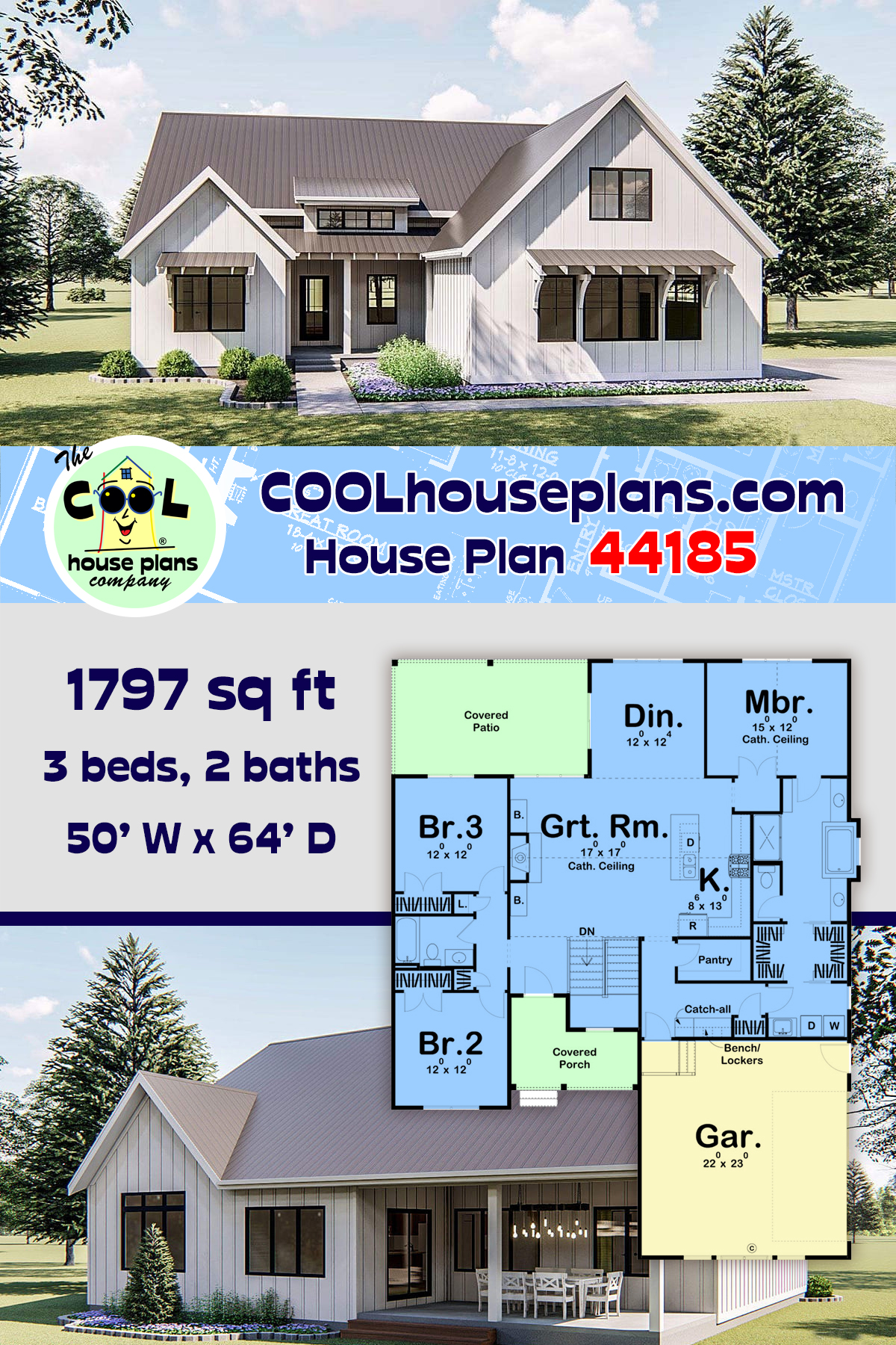 Country, Farmhouse, Southern, Traditional House Plan 44185 with 3 Beds, 2 Baths, 2 Car Garage