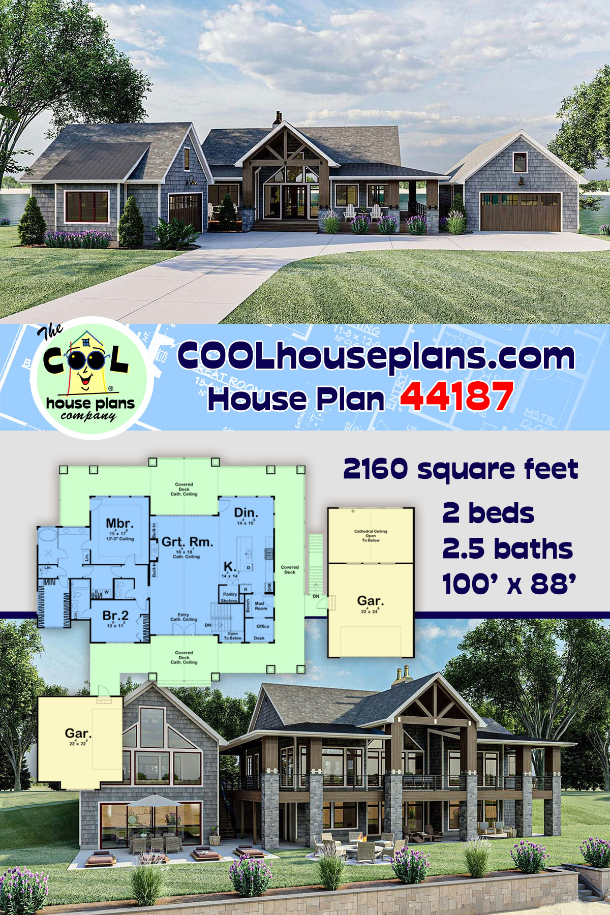 Bungalow, Cottage, Craftsman House Plan 44187 with 2 Beds, 3 Baths, 4 Car Garage