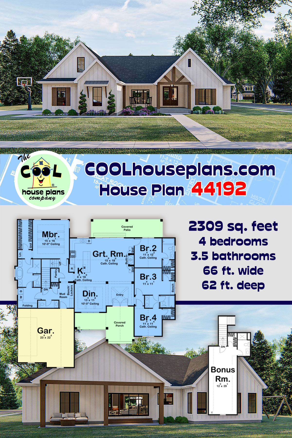 Craftsman, Farmhouse, New American, Traditional House Plan 44192 with 4 Beds, 4 Baths, 2 Car Garage
