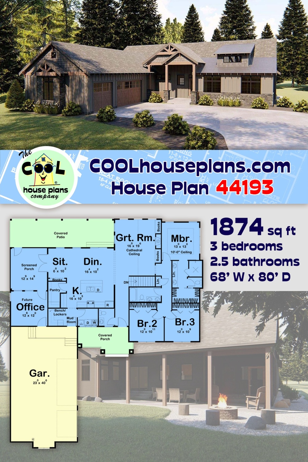 Craftsman House Plan 44193 with 3 Beds, 3 Baths, 3 Car Garage