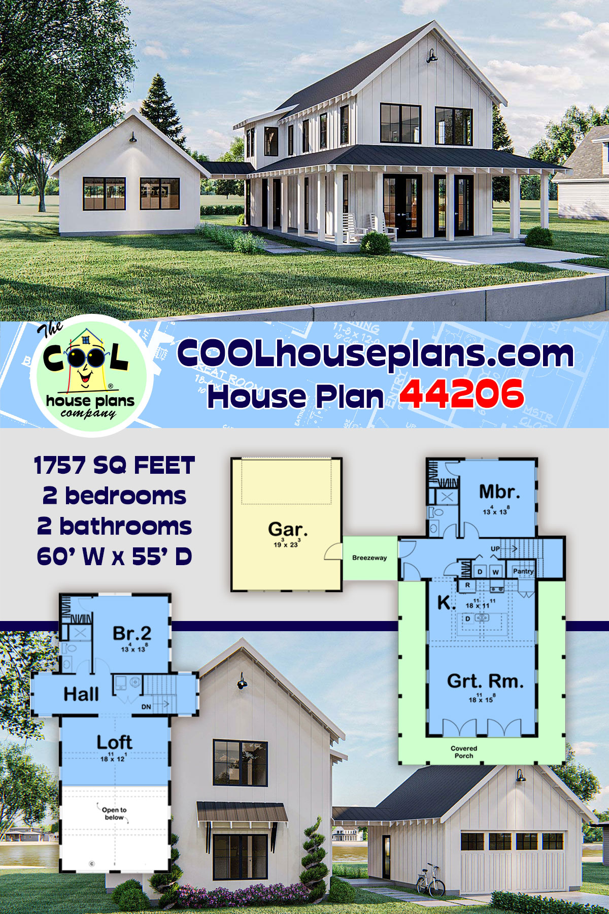 Cottage, Farmhouse House Plan 44206 with 2 Beds, 2 Baths, 2 Car Garage