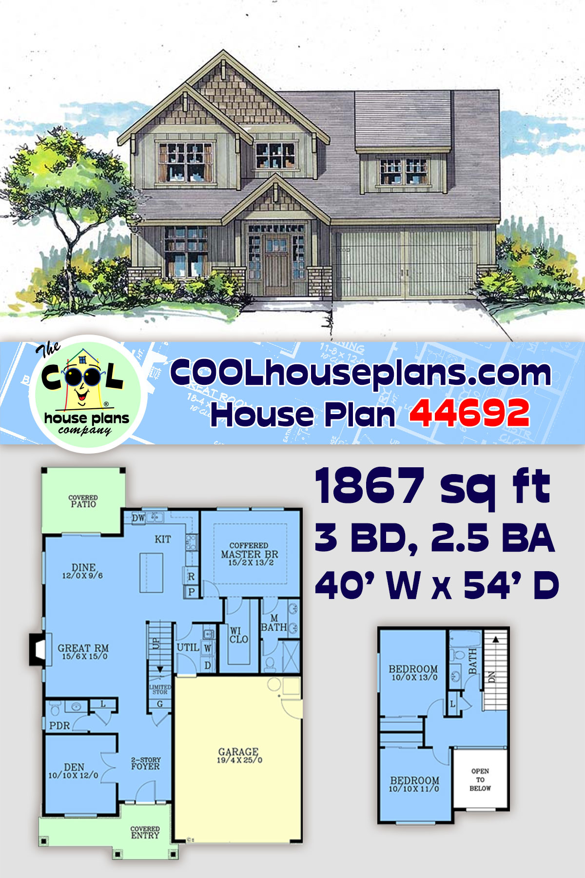 Country, Craftsman, Traditional House Plan 44692 with 3 Beds, 3 Baths, 2 Car Garage