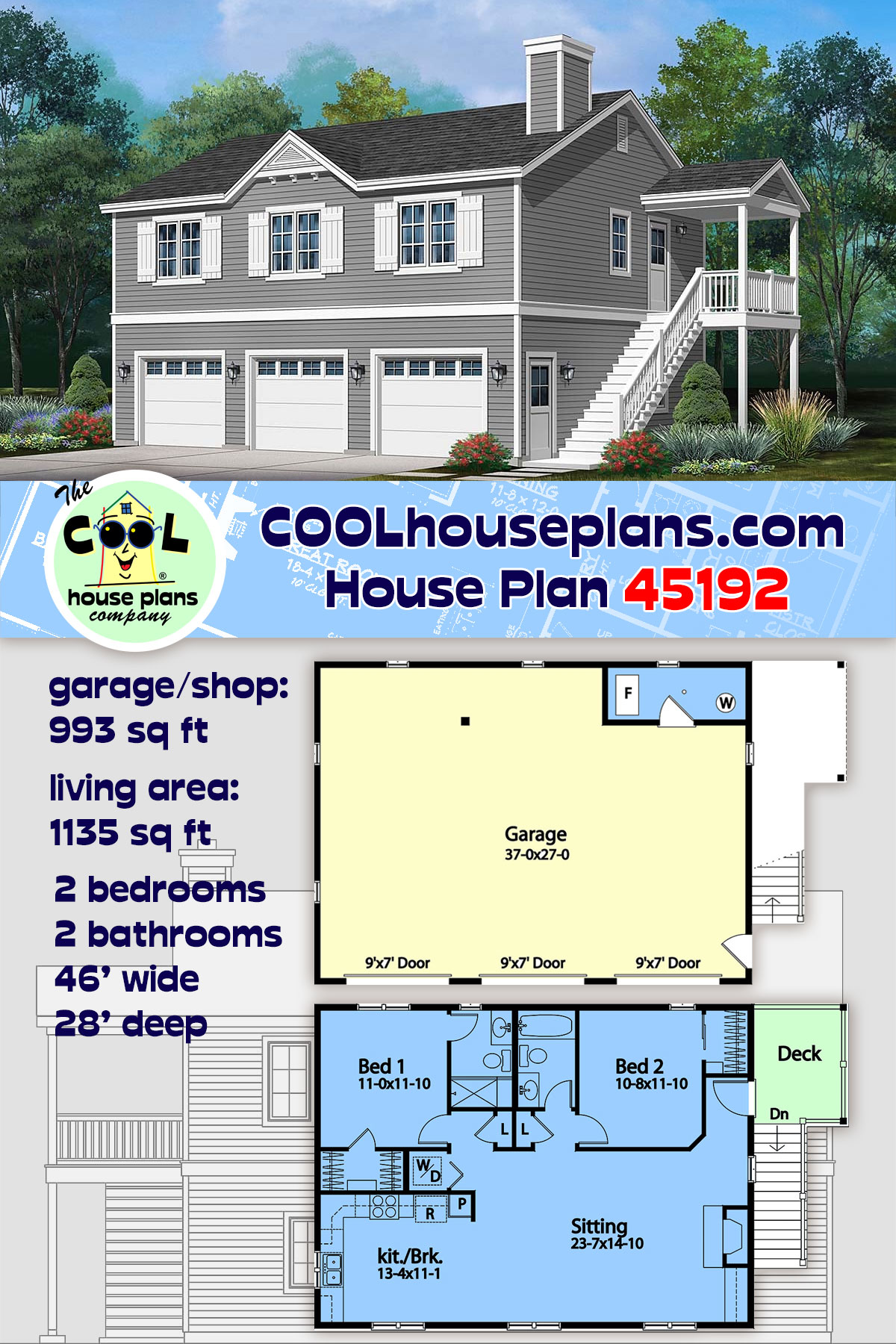 Traditional 3 Car Garage Apartment Plan 45192 with 2 Beds, 2 Baths
