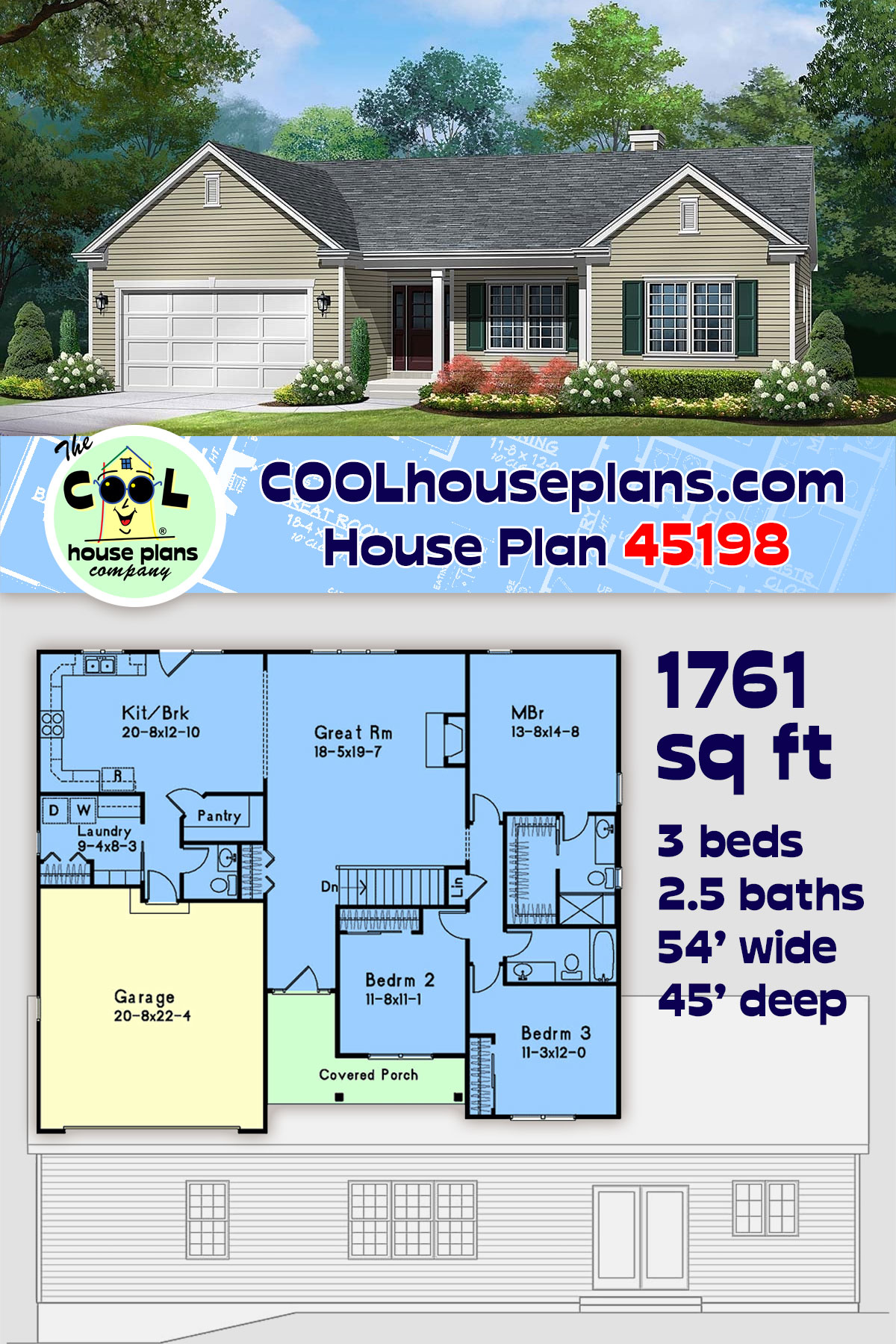 Ranch, Traditional House Plan 45198 with 3 Beds, 3 Baths, 2 Car Garage