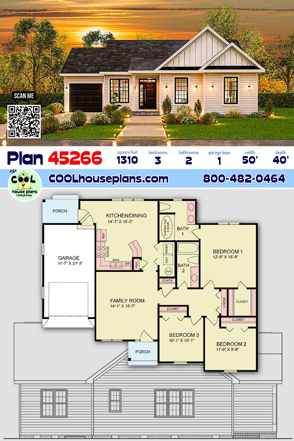 One-Story, Traditional House Plan 45266 with 3 Beds, 2 Baths, 1 Car Garage