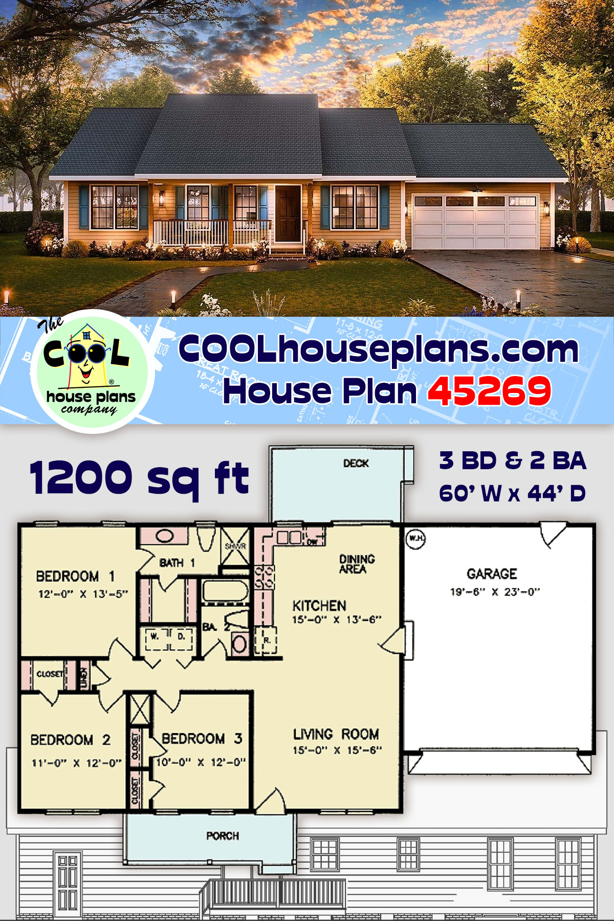 Ranch, Traditional House Plan 45269 with 3 Beds, 2 Baths, 2 Car Garage