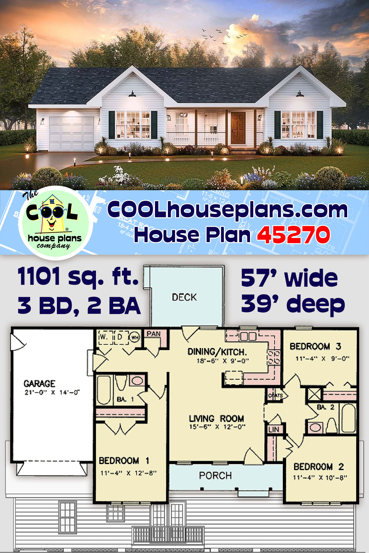 Bungalow, One-Story, Ranch, Traditional House Plan 45270 with 3 Beds, 2 Baths, 1 Car Garage