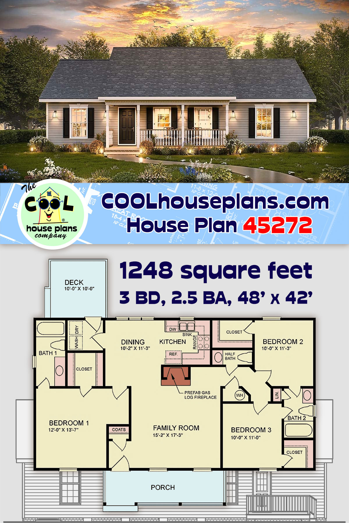 Ranch, Traditional House Plan 45272 with 3 Beds, 3 Baths