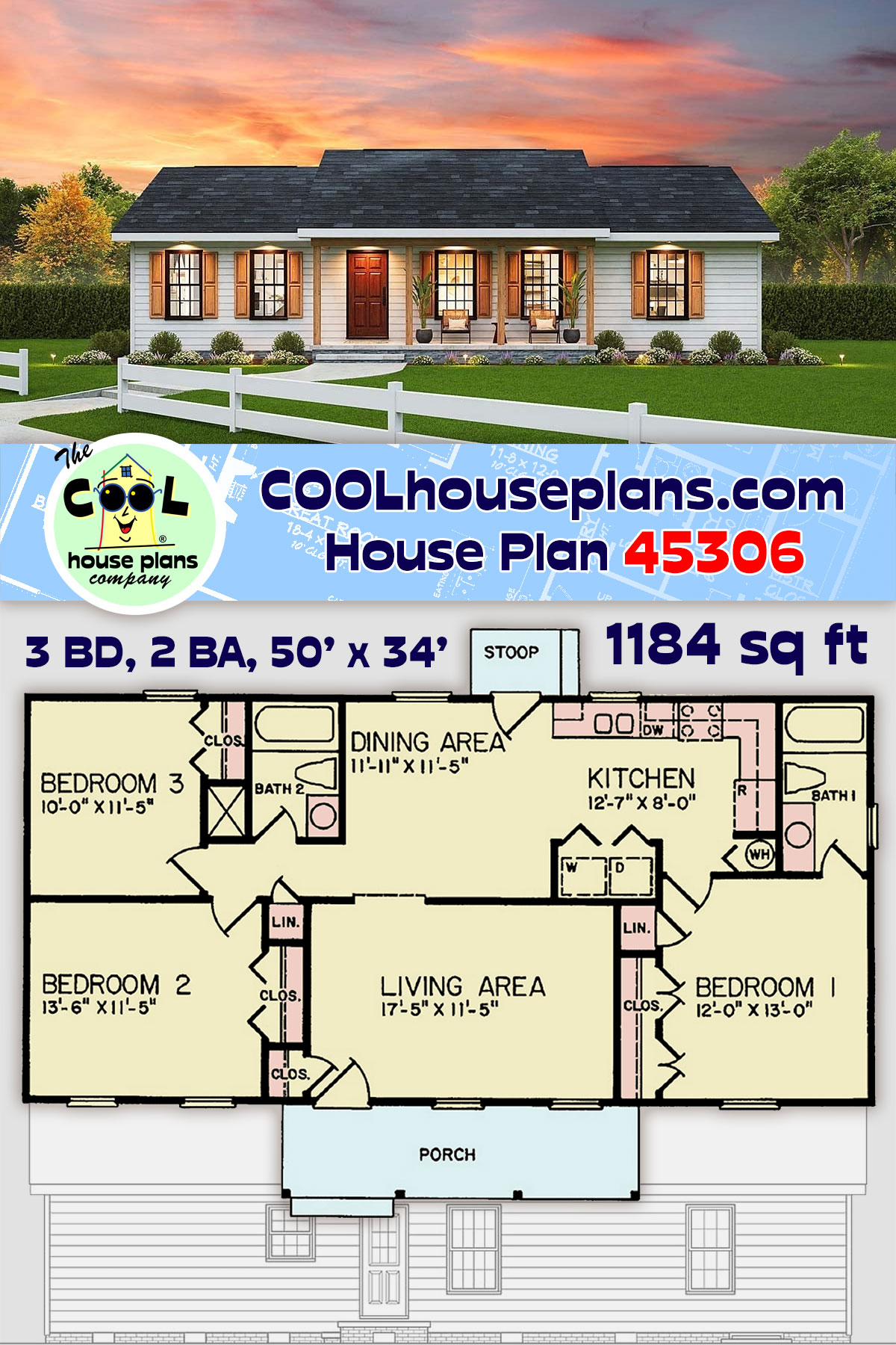 Ranch, Traditional House Plan 45306 with 3 Beds, 2 Baths