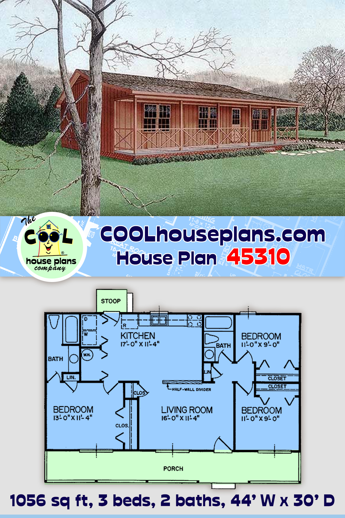 Cabin, Country House Plan 45310 with 3 Beds, 2 Baths