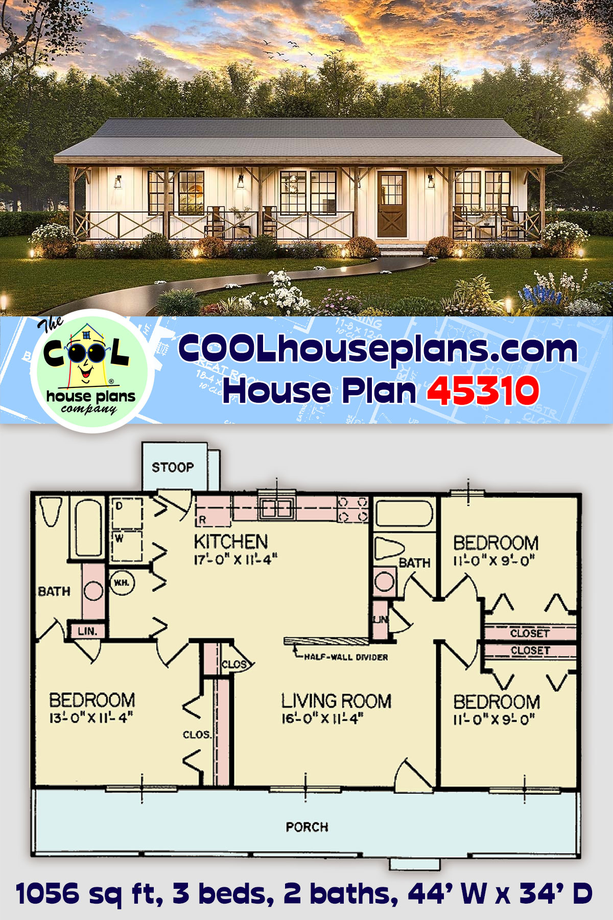 Cabin, Country, Ranch House Plan 45310 with 3 Beds, 2 Baths