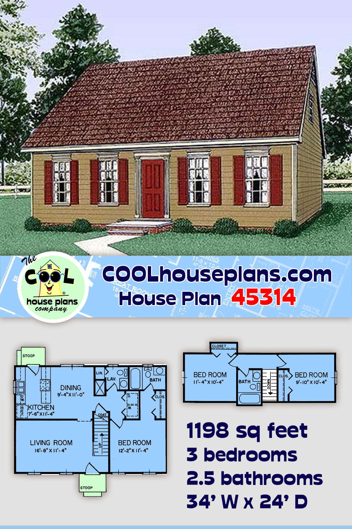 Colonial, Narrow Lot House Plan 45314 with 3 Beds, 3 Baths