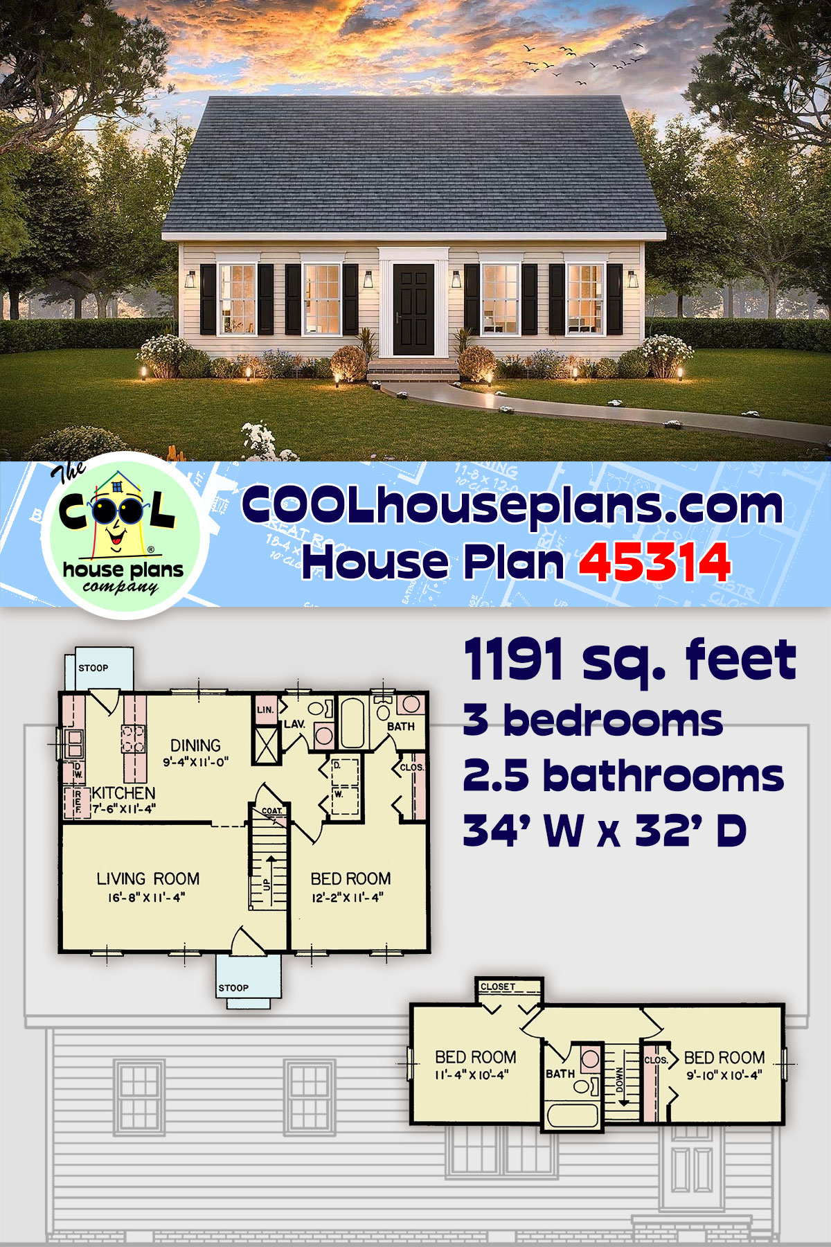 Colonial, Narrow Lot House Plan 45314 with 3 Beds, 3 Baths