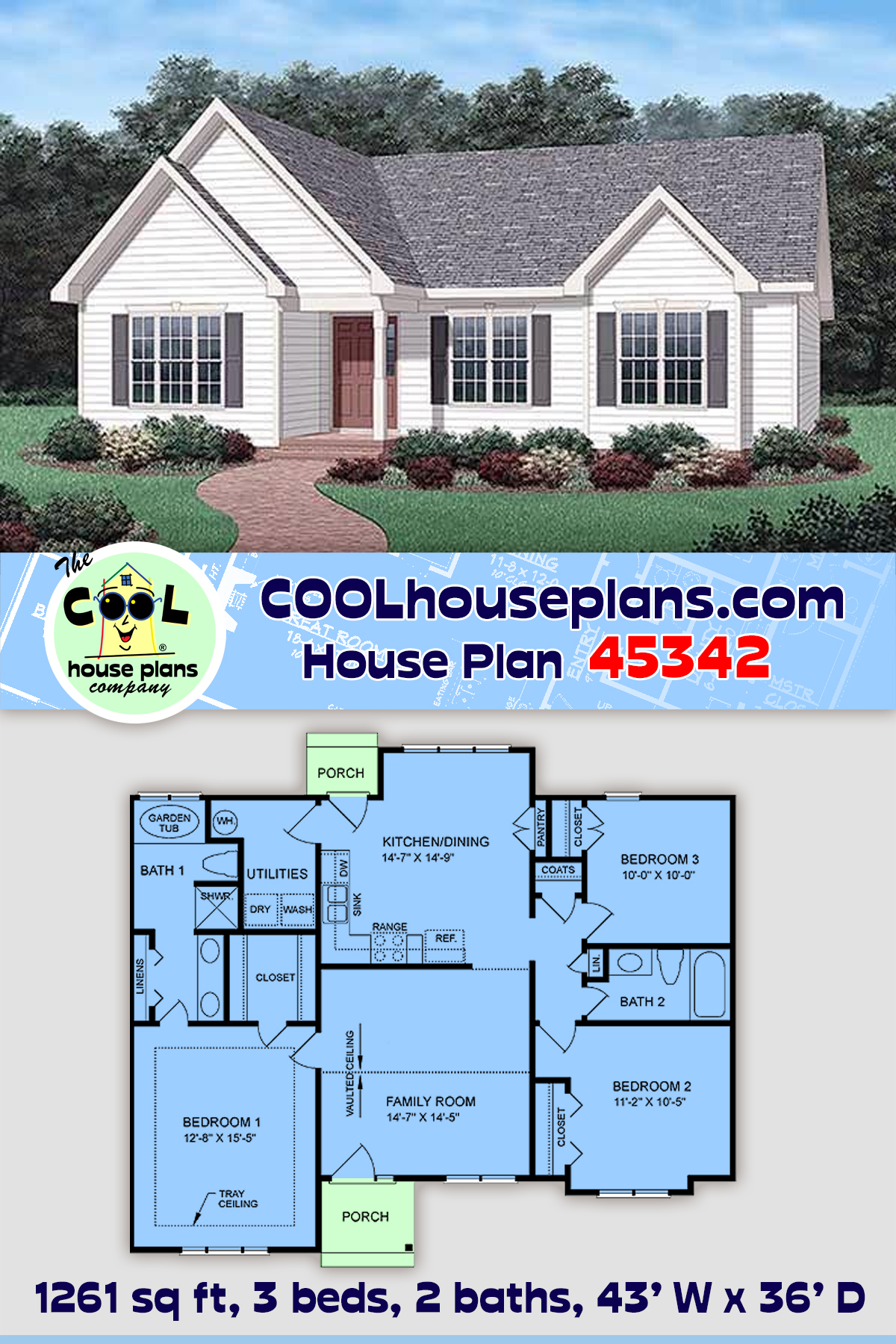 Ranch, Traditional House Plan 45342 with 3 Beds, 2 Baths