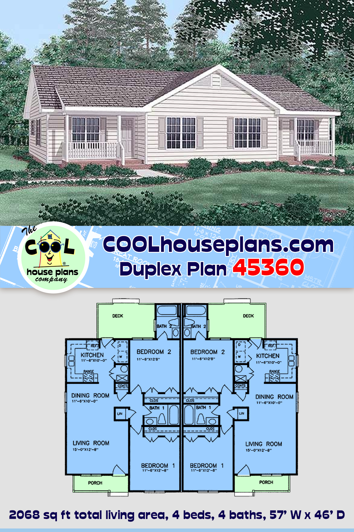 Ranch, Traditional Multi-Family Plan 45360 with 4 Beds, 4 Baths