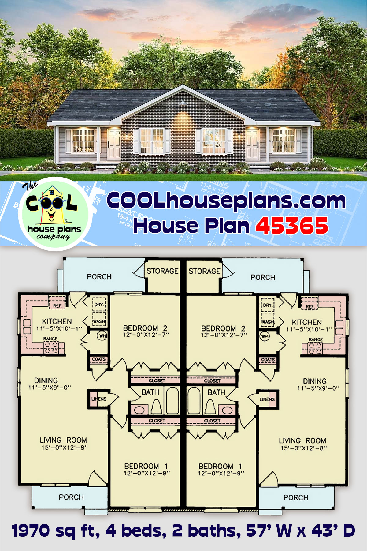 Bungalow, Ranch Multi-Family Plan 45365 with 4 Beds, 2 Baths