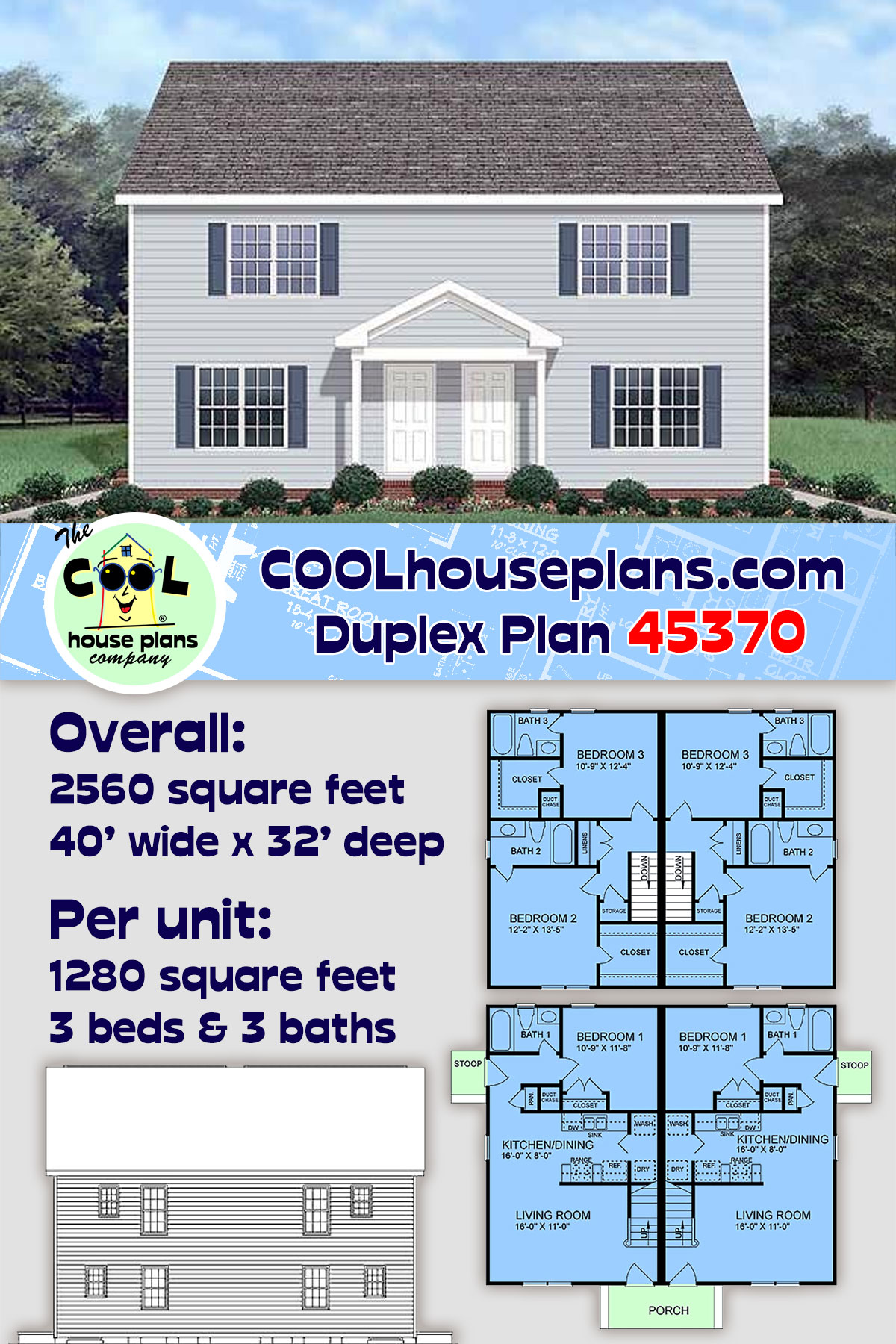 Colonial Multi-Family Plan 45370 with 6 Beds, 6 Baths