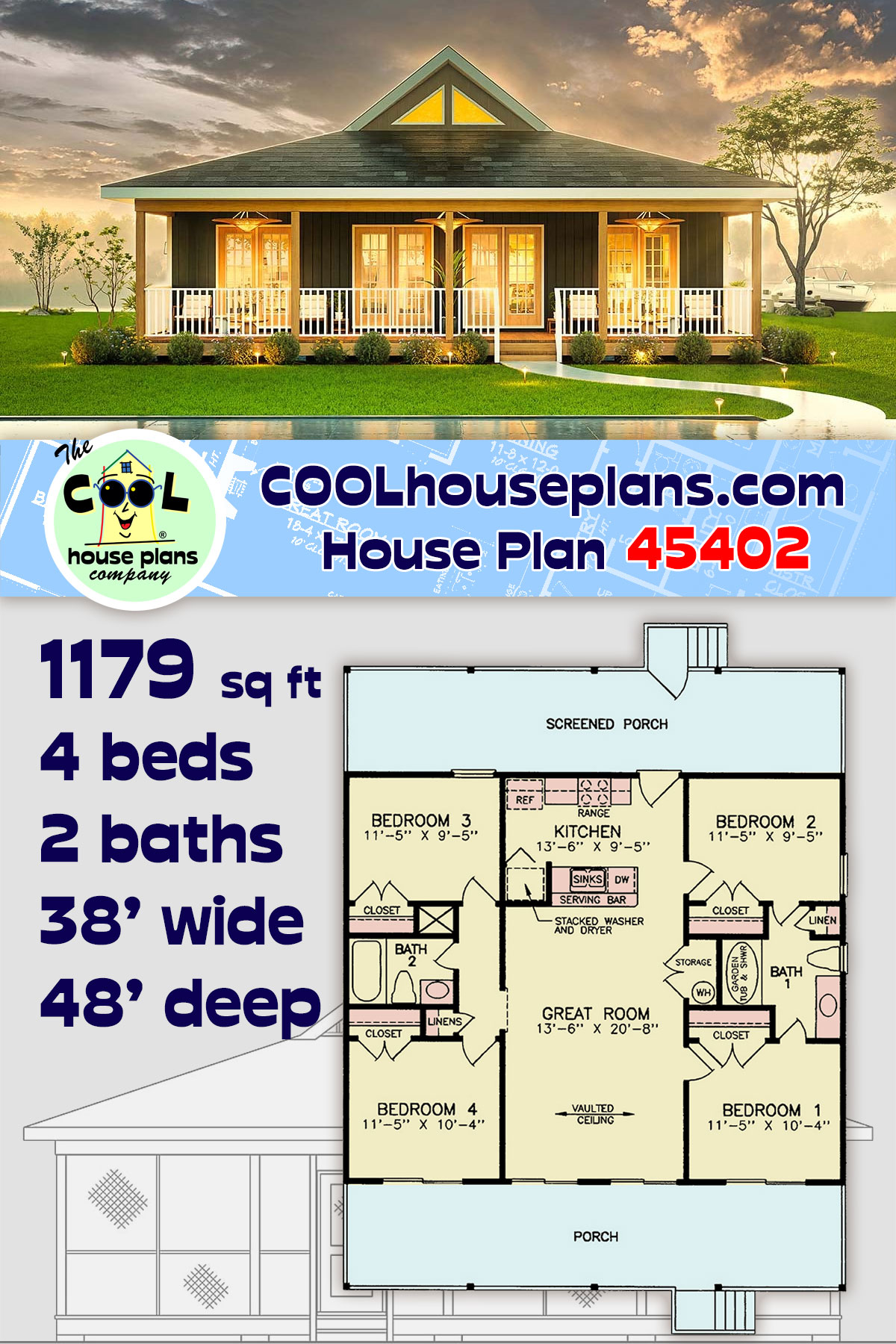 Contemporary House Plan 45402 with 4 Beds, 2 Baths