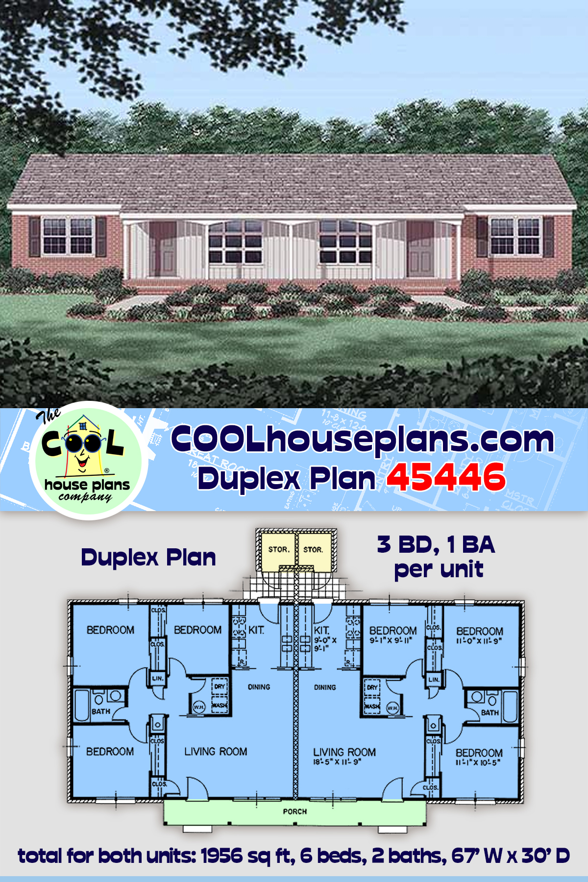 One-Story Multi-Family Plan 45446 with 6 Beds, 2 Baths