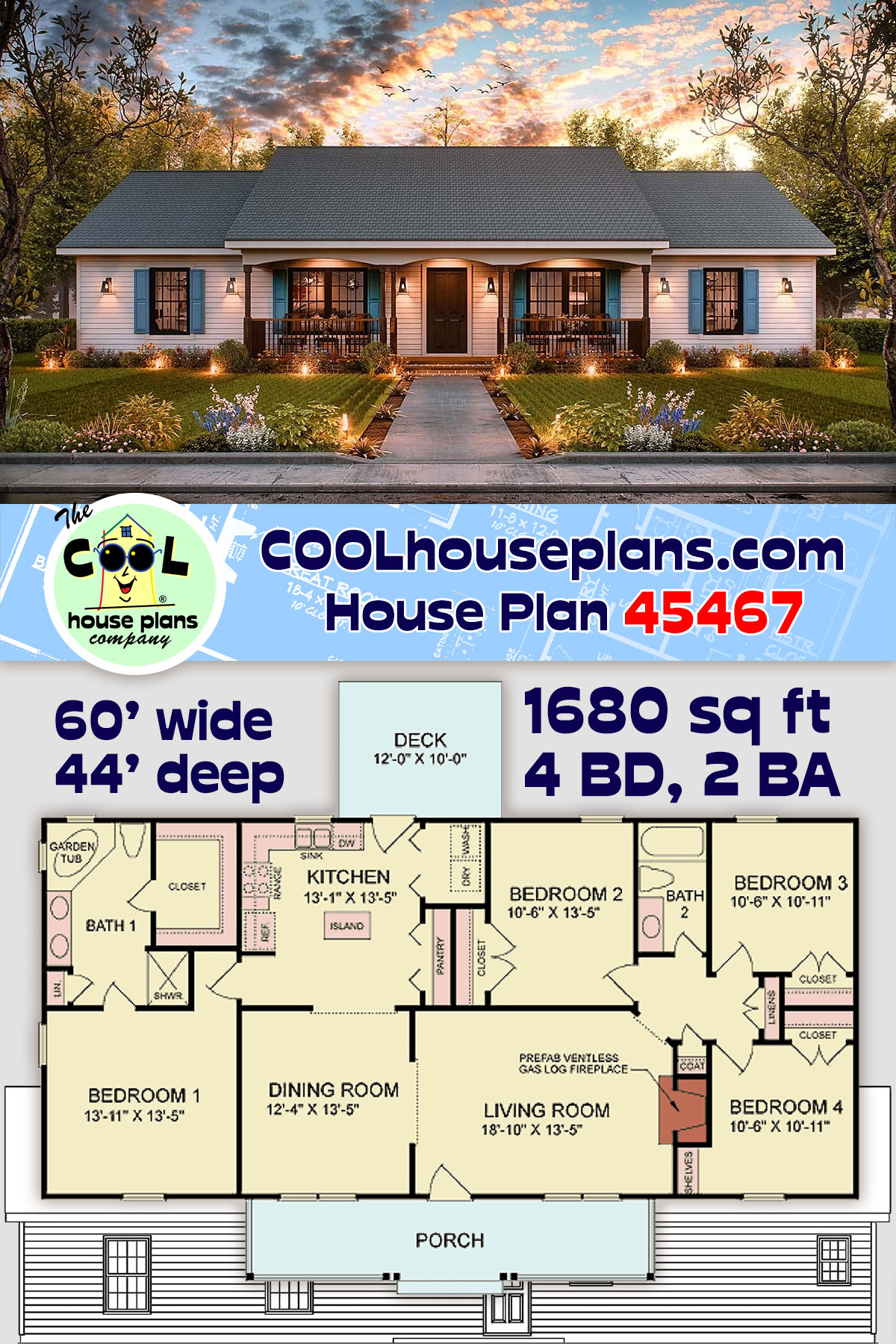 Bungalow, One-Story, Ranch, Traditional House Plan 45467 with 4 Beds, 2 Baths